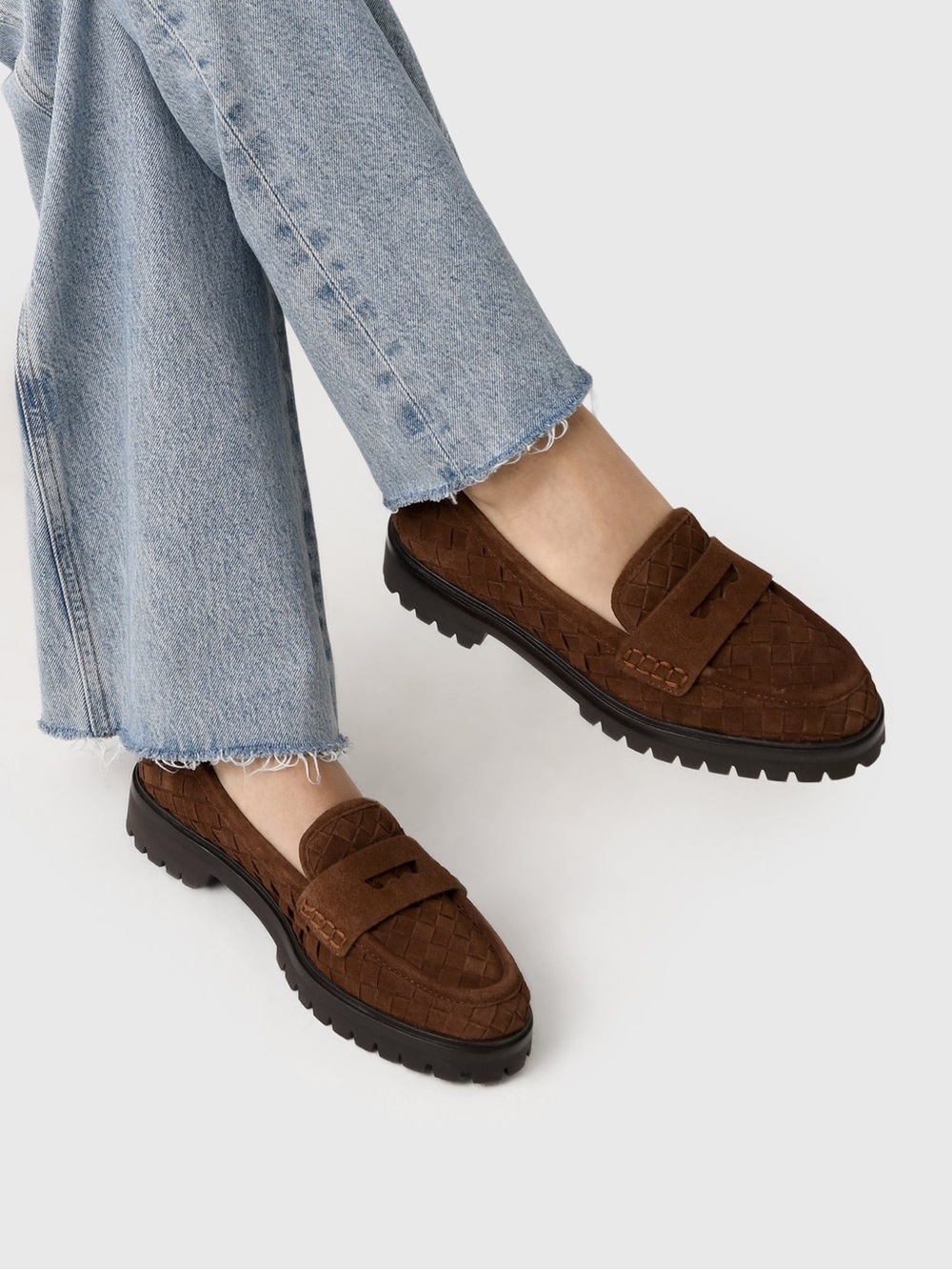 LOEFFLER Randal Brown Woven Suede Leather Penny Loafer Womens